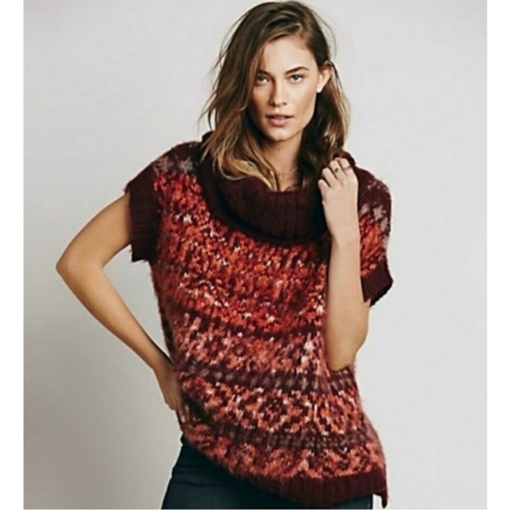 Free People Snow Bunny Fair Isle Sweater Womens Medium Red Wool Cowl Neck Top